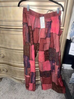 KiraT Boho Patchwork Pleated Wide leg pant Shades of red